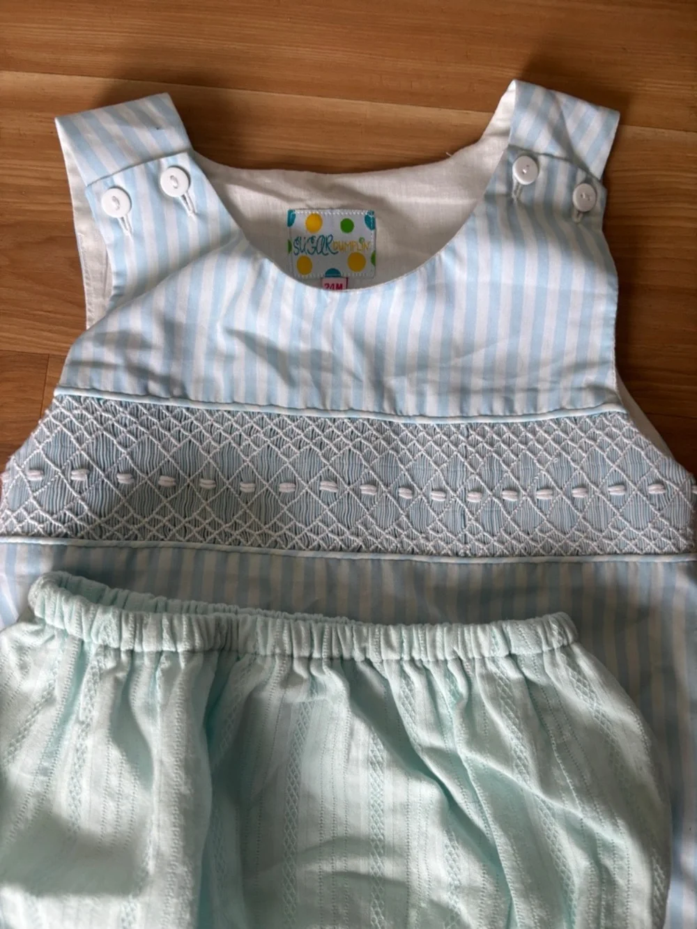 Smocked Light Blue Striped Baby Matching Set with Mint Diaper Cover - Picture 4 of 4